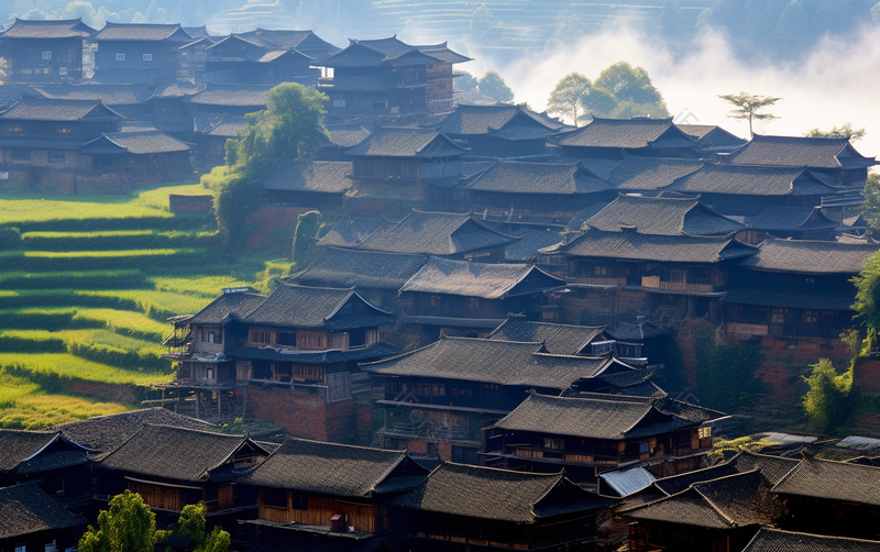 苗寨自然美意境户外夏天温馨云烟森林民居住宅民俗建筑摄影,高清,摄影图,摄影图片,图片大全,摄影图免费下载